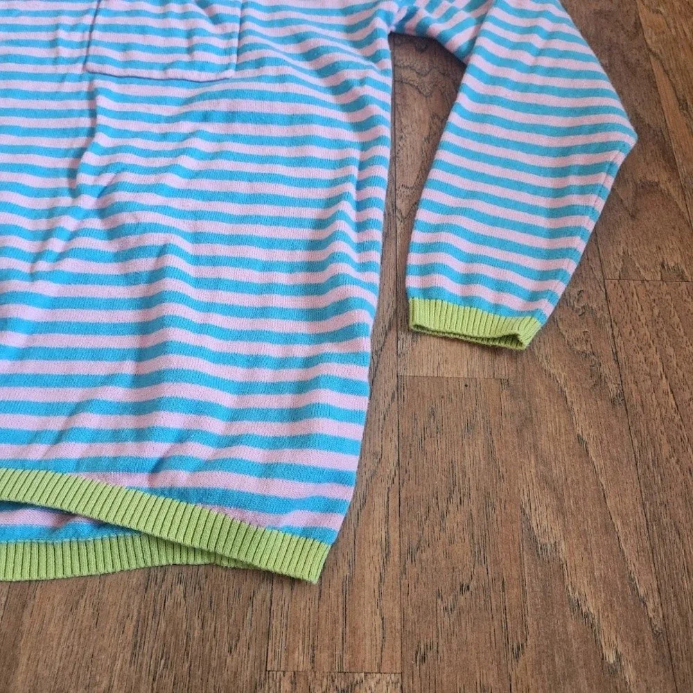 Lillusory Striped Knit Sweater Pink Blue Lime Green Crew Neck Pocket Small 519